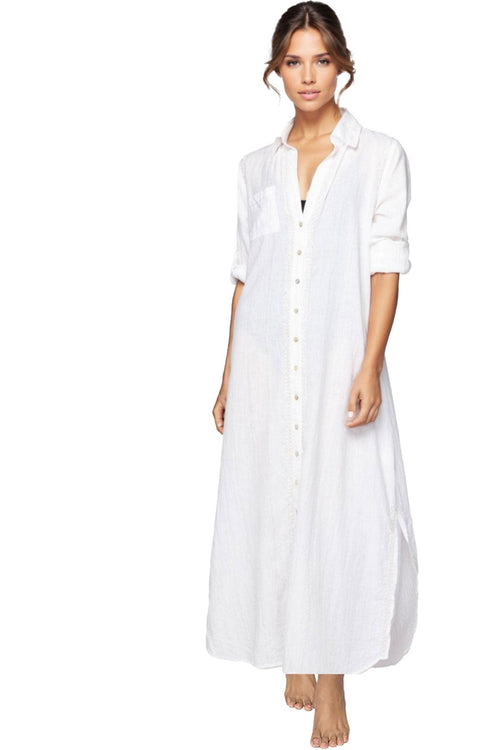 Subtle Luxury Maxi M/L / White/Gold Lurex / 100% Cotton Maxi Boyfriend Dress in Chambray White/Lurex