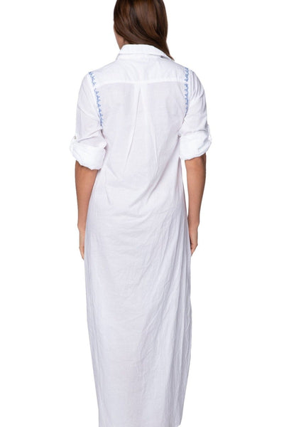 Subtle Luxury Maxi Maxi Boyfriend Cotton Shirt Dress with Contrast Embroideries