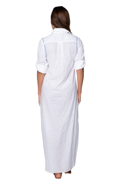 Subtle Luxury Maxi Maxi Boyfriend Cotton Shirt Dress with Contrast Stitched Embroideries