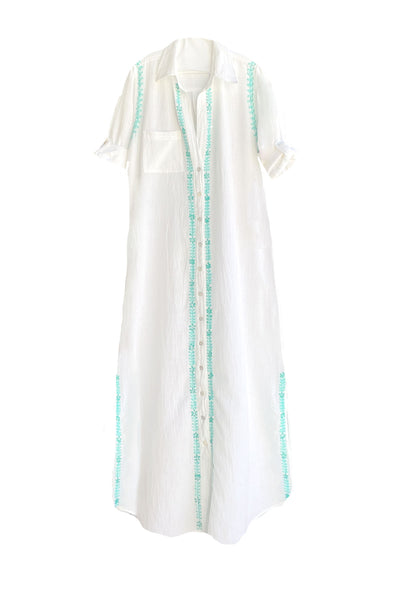 Subtle Luxury Maxi Maxi Boyfriend Cotton Shirt Dress with Two Color Embroidery