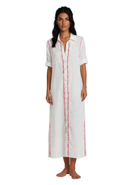 Subtle Luxury Maxi Maxi Boyfriend White Chambray Shirt Dress with Two Color Hand Stitch Embroidery
