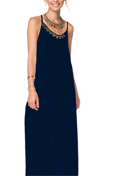 Subtle Luxury Maxi S/M / Ink / 100% Rayon Cross Back Leila Dress with Gold Metal Sequin Embellishment
