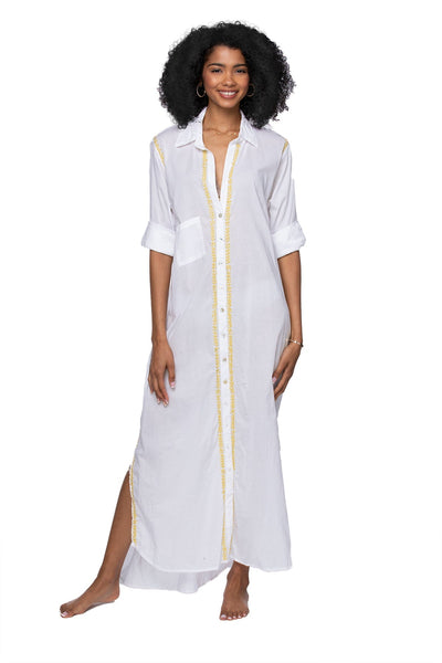 Subtle Luxury Maxi S/M / Lemon / 100% Cotton Maxi Boyfriend Cotton Shirt Dress with Contrast Embroideries