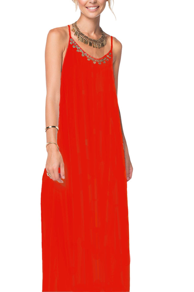 Subtle Luxury Maxi S/M / Red / 100% Rayon Cross Back Leila Dress with Gold Metal Sequin Embellishment