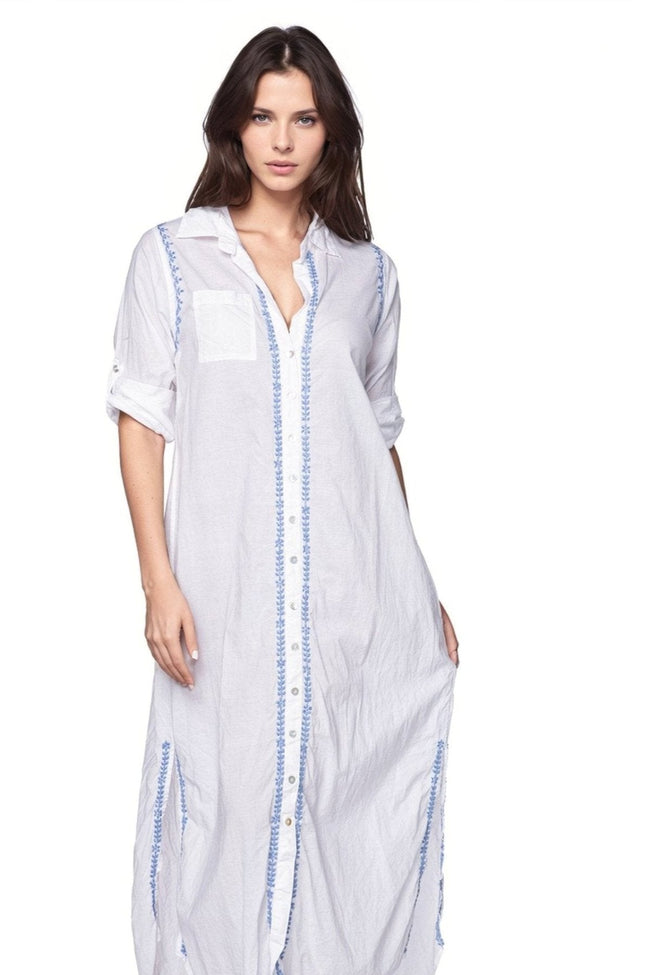 Subtle Luxury Maxi S/M / River / 100% Cotton Maxi Boyfriend Cotton Shirt Dress with Contrast Embroideries