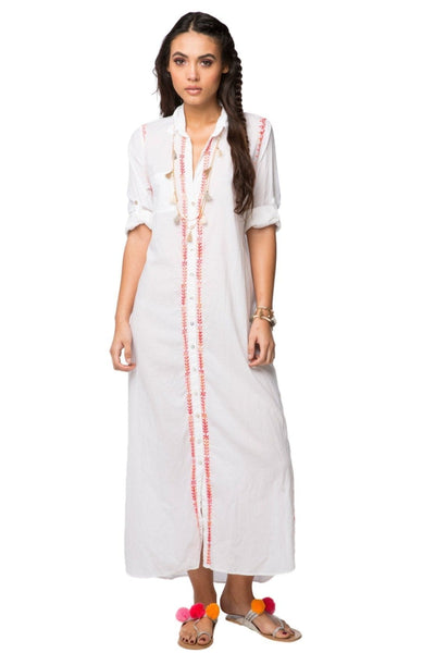 Subtle Luxury Maxi S/M / Sunset Ombre / 100% Cotton Maxi Boyfriend Cotton Shirt Dress with Contrast Embroideries