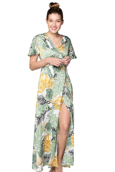 Subtle Luxury Maxi S/M / White / Leafy Palm Bed to Brunch | Maxi Wrap Dress