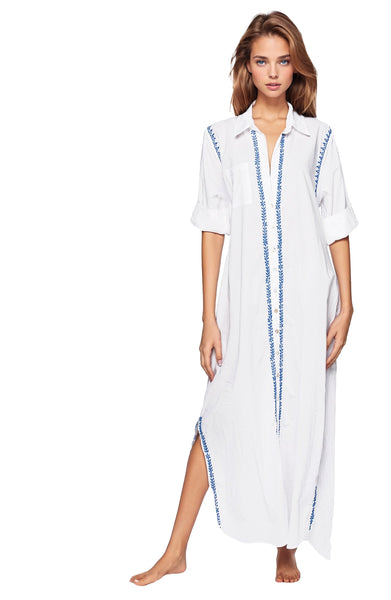 Subtle Luxury Maxi XS/S / Blueberry / 100% Cotton Maxi Boyfriend Cotton Shirt Dress with Contrast Embroideries
