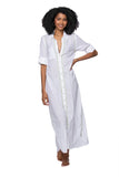 Subtle Luxury Maxi XS/S / Kiwi / 100% Cotton Maxi Boyfriend Cotton Shirt Dress with Contrast Embroideries