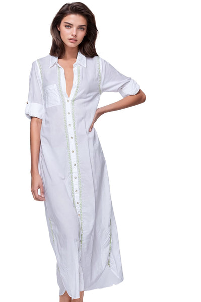 Subtle Luxury Maxi XS/S / Kiwi / 100% Cotton Maxi Boyfriend Cotton Shirt Dress with Contrast Embroideries