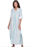 Subtle Luxury Maxi XS/S / Lagoon / 100% Cotton Maxi Boyfriend Cotton Shirt Dress with Contrast Embroideries