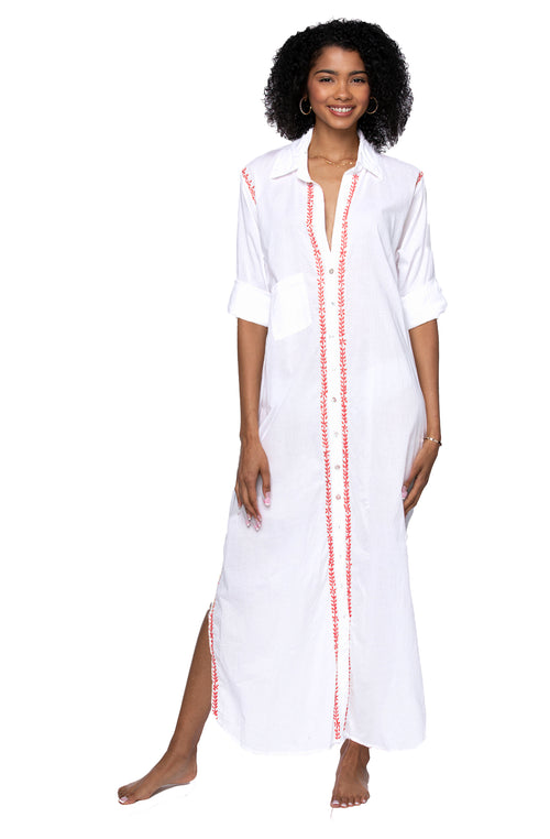 Subtle Luxury Maxi XS/S / Mandarin / 100% Cotton Maxi Boyfriend Cotton Shirt Dress with Contrast Stitched Embroideries