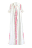 Subtle Luxury Maxi XS/S / Pink-Coral / 100% Cotton Maxi Boyfriend White Cotton Shirt Dress with Two Color Hand Stitch Embroidery