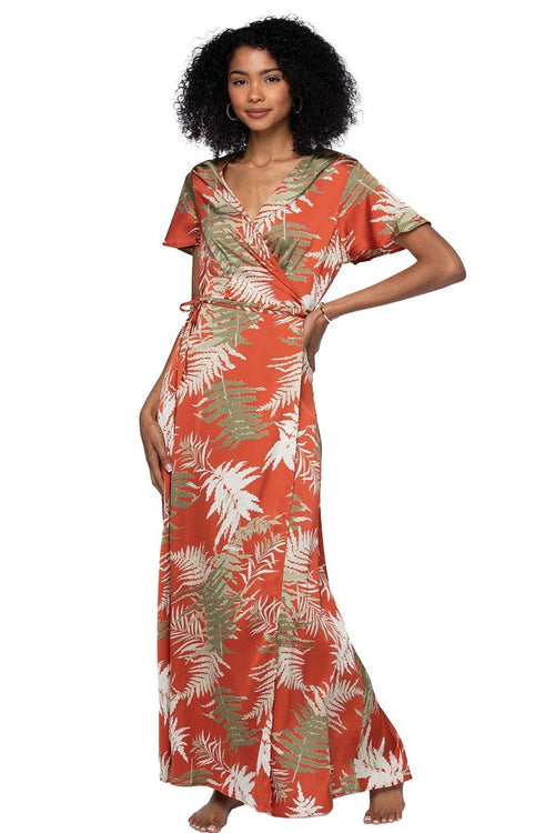 Subtle Luxury Maxi XS/S / Red-Orange / Blooming Paradise Bold Fern Print | Maxi Wrap Dress