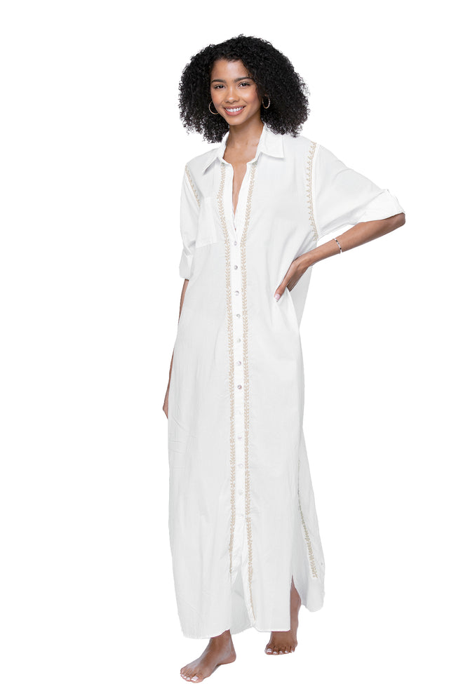 Subtle Luxury Maxi XS/S / Sand / 100% Cotton Maxi Boyfriend Cotton Shirt Dress with Contrast Stitched Embroideries