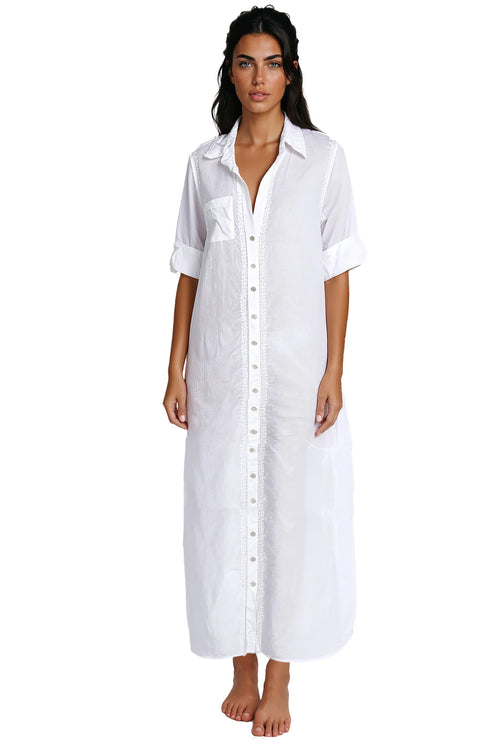 Subtle Luxury Maxi XS/S / White / 100% Cotton Chambray Maxi Boyfriend Shirt Dress in Cotton Chambray in White