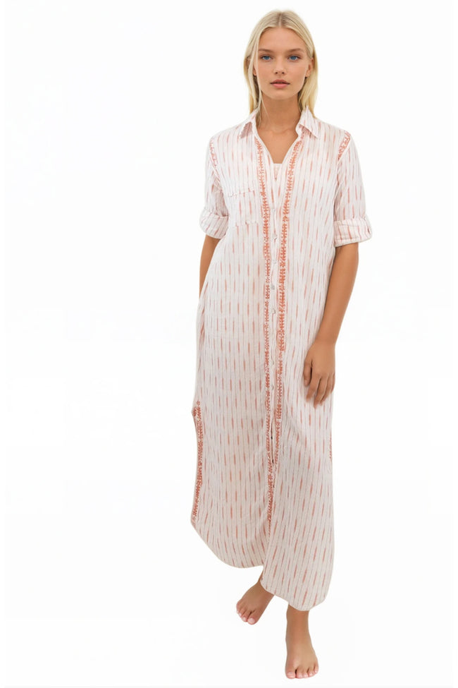 Subtle Luxury Maxi XS/S / White w/Sedona Ikat / 100% Cotton Maxi Boyfriend Shirt Dress in Cotton Ikat's