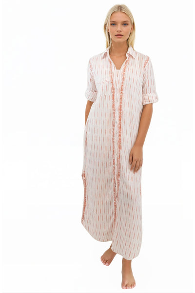 Subtle Luxury Maxi XS/S / White w/Sedona Ikat / 100% Cotton Maxi Boyfriend Shirt Dress in Cotton Ikat's