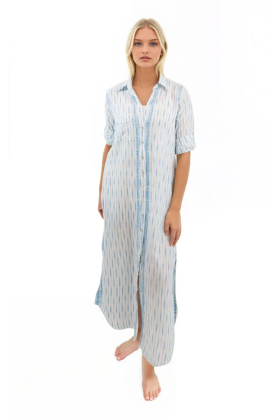 Subtle Luxury Maxi XS/S / White w/Tidepool Ikat / 100% Cotton Maxi Boyfriend Shirt Dress in Cotton Ikat's