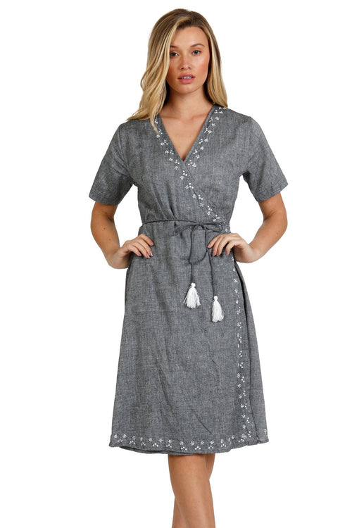 Subtle Luxury Midi S/M / #CSL - Charcoal w/SL Night / 100% Cotton Chambray Nadia Wrap Dress Chambray in Charcoal with Ikat Trim