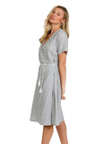 Subtle Luxury Midi S/M / #GDI - Light Grey w/DD-Ivory / 100% Cotton Chambray Nadia Wrap Dress Chambray in Light Grey with Ikat Trim