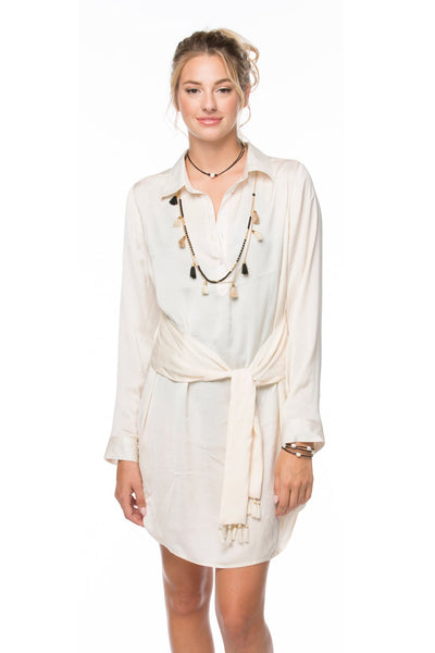 Subtle Luxury Mini Dress S/M / Ivory / Soft Satin Poly Tassel Tie Satin Button Up Shirt Dress
