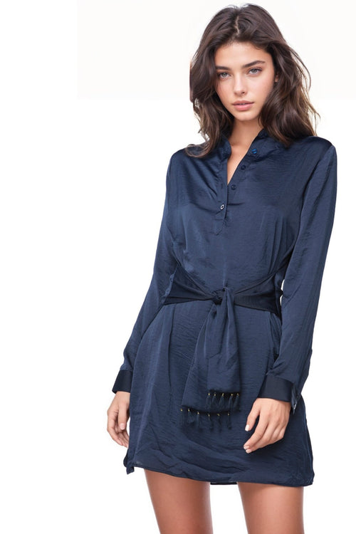 Subtle Luxury Mini XS/S / Navy / Soft Satin Poly Shirtdress Tassel Tie Satin Dress