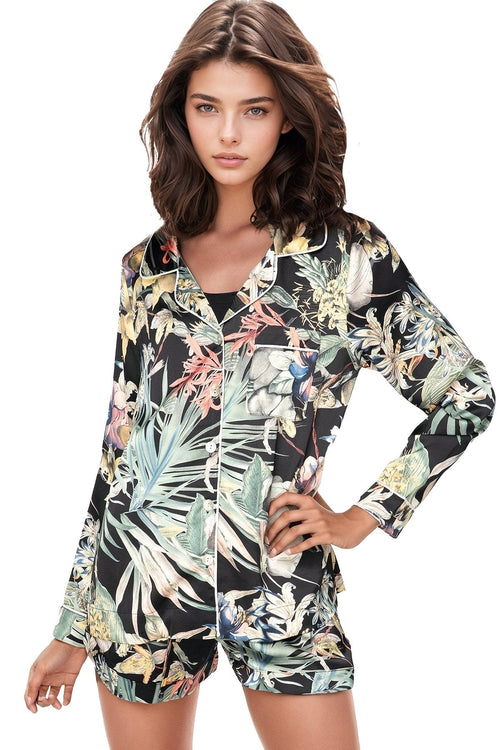Subtle Luxury Pajama Set SLPJS | Bed to Brunch Piper PJ Set / L/XL / P21 Black |Tropical Escape Piper PJ Top/Short Set | Tropical Prints | Subtle Luxury