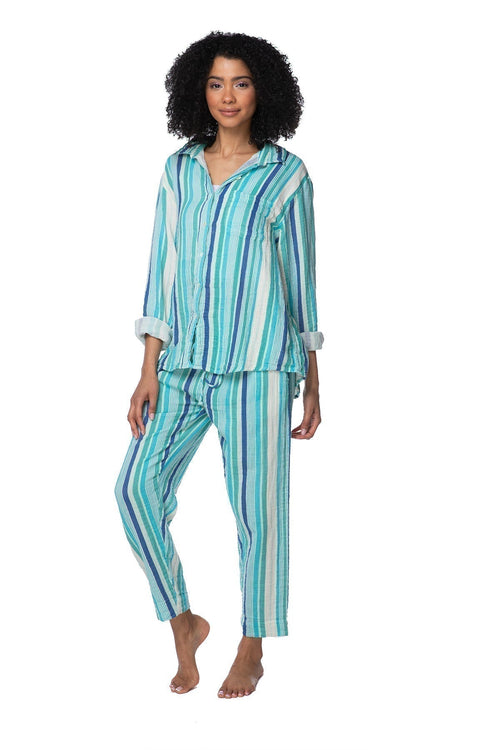 Subtle Luxury Pants XS/S / Montauk Stripe Print - Blues / 100% Cotton Double Gauze Double Gauze Getaway Pant in Montauk Stripe Print - Blues