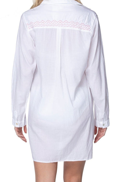 Subtle Luxury Dress Ziggy Button Down Embroidery Shirt Dress in Washed Cotton Pink Salt Embroidery Yarn