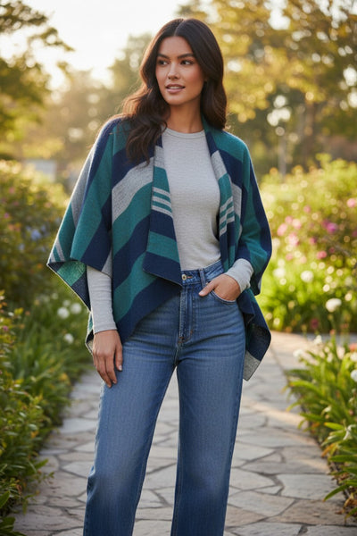 subtle-luxury-poncho-grey-Portland Stripe Blanket Crop Poncho grey blue