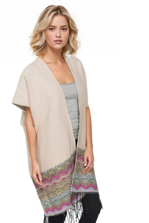 Subtle Luxury Poncho Ivory / One Size Blanket Winter Kimono in Colored Border