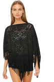 Subtle Luxury Poncho Noir / One Size Open Stitch Lace Beach Knit Poncho with Fringe