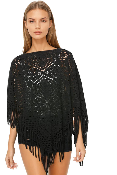 Subtle Luxury Poncho Noir / One Size Open Stitch Lace Beach Knit Poncho with Fringe