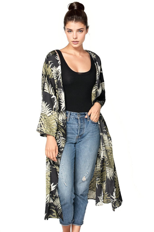 Subtle Luxury robe S/M / Black / 100% Poly - Mid-Weight Bed to Brunch Kimono Robe in Bold Ferns