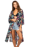 Subtle Luxury Robe S/M / Indigo / 100% Polyester Bed to Brunch Kimono Coverup in Midnight Garden Print