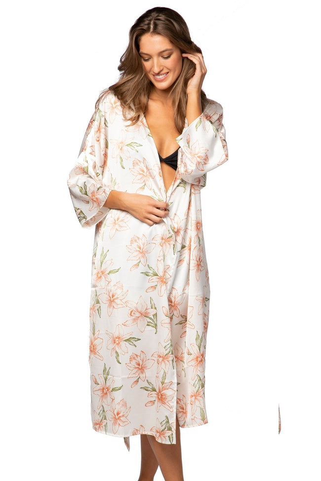 Subtle Luxury Robe S/M / Ivory / 100% Poly Bed to Brunch Robe Kimono in Painted Lillies