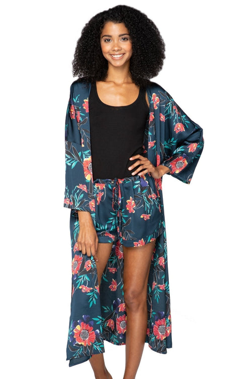 Subtle Luxury Robe S/M / Navy / 100% Mid Weight Poly Bed to Brunch Robe Kimono in Summer Bloom Print