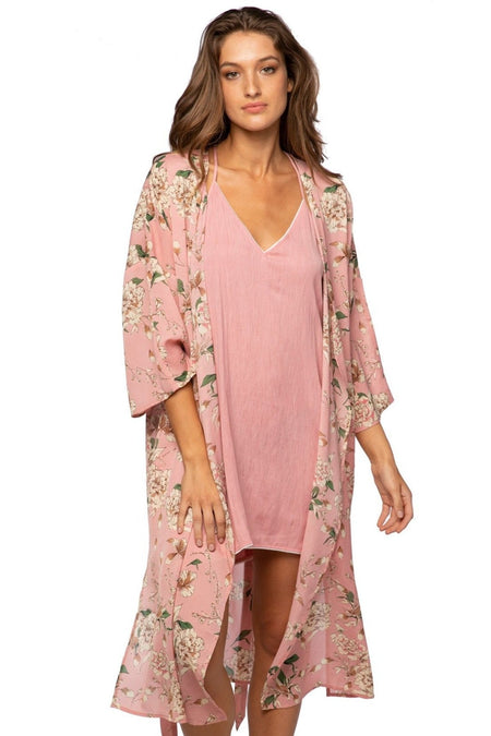 Bed to Brunch Kimono Robe in Rosy Print