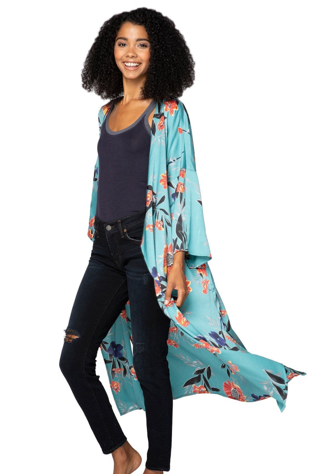 Subtle Luxury Robe S/M / Teal / 100% Mid Weight Poly Bed to Brunch Robe Kimono in Summer Bloom Print