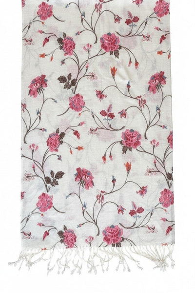 Subtle Luxury romantic rose print wool scarf in cream with pink flowers and delicate fringe edge finish.