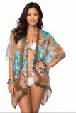 Subtle Luxury Rosie print sheer woven kimono coverup featuring a floral pattern in blue and brown on a model, Rosie Print Woven Kimono Coverup