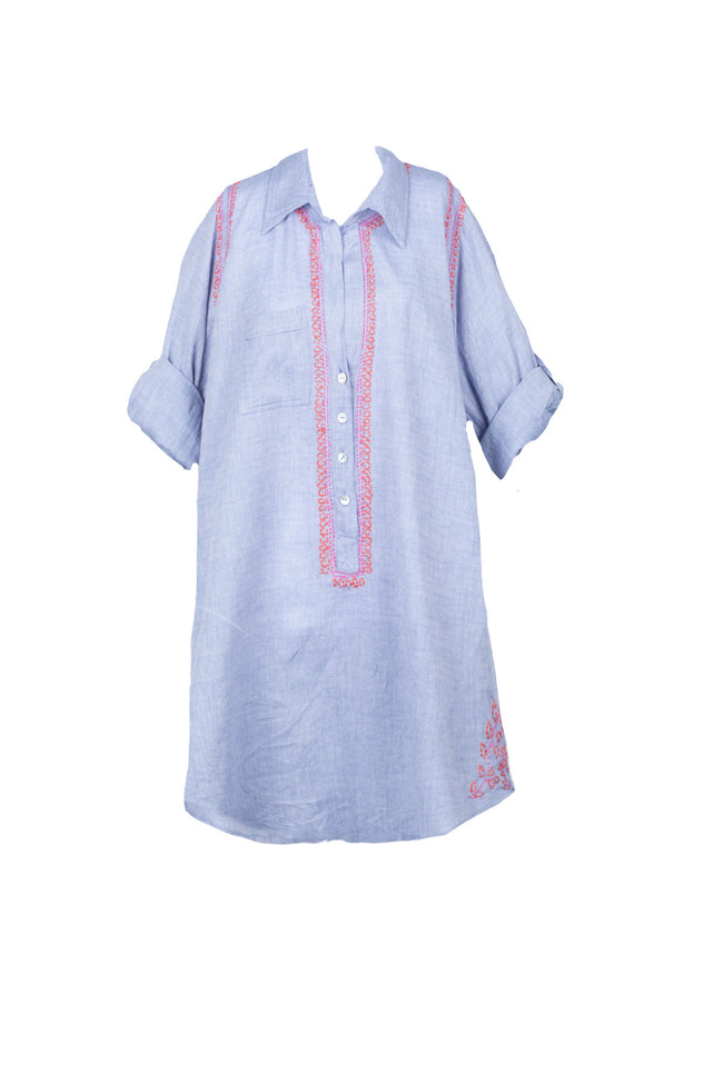 Subtle Luxury Shirts Boyfriend Cotton Shirt in Denim Chambray with Multi Color Embroidery
