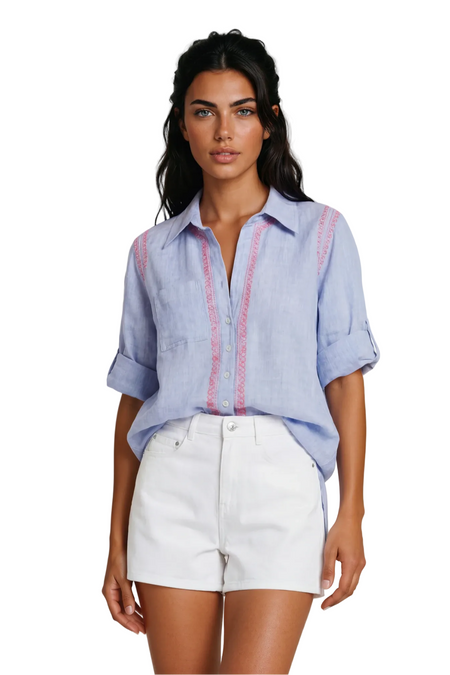 Boyfriend White Cotton Button Shirt with Blue Lotus Embroidery