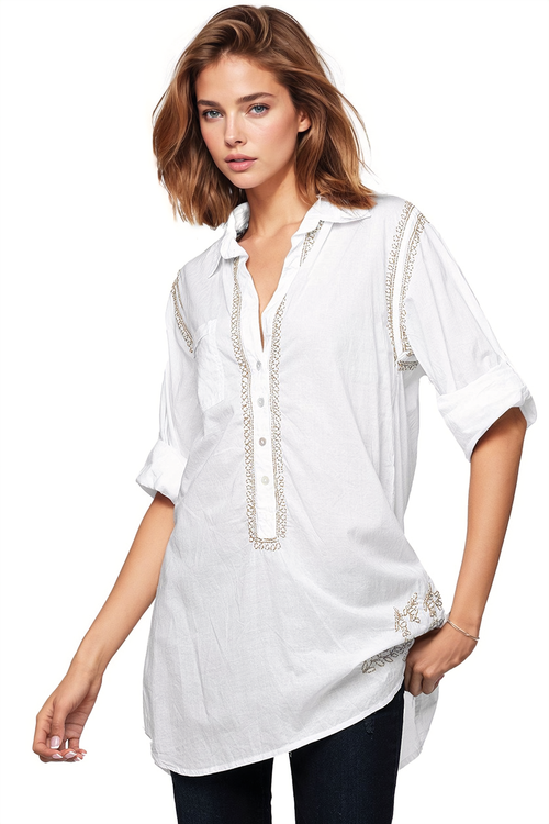 Subtle Luxury Shirts Boyfriend Cotton White Shirt in Dune Embroidery