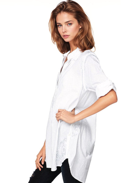 Subtle Luxury Shirts Boyfriend Cotton White Shirt with Silver Lurex Embroidery