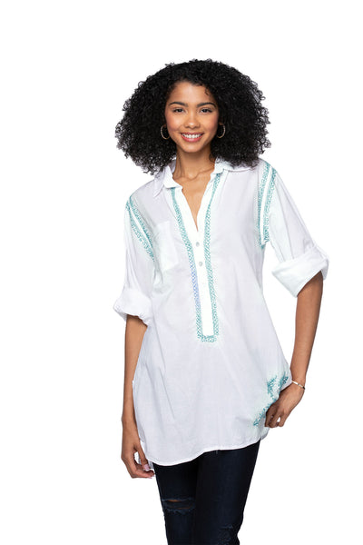 Subtle Luxury Shirts Boyfriend Shirt | Embroidery / S/M / White/Lagoon Boyfriend White Cotton Shirt in Limited Supply Embroidery Colors Sale