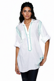 Subtle Luxury Shirts Boyfriend Shirt | Embroidery / S/M / White/Lagoon Boyfriend White Cotton Shirt in Limited Supply Embroidery Colors Sale