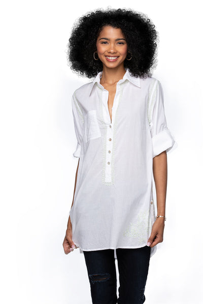 Subtle Luxury Shirts Boyfriend Shirt | Embroidery / S/M / White/Mint Boyfriend White Cotton Shirt in Limited Supply Embroidery Colors Sale