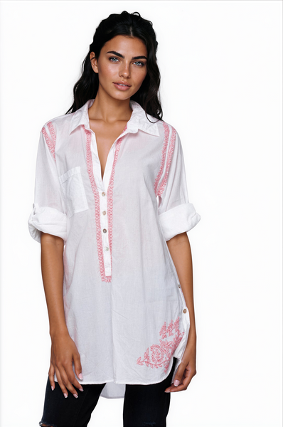 Subtle Luxury Shirts Boyfriend Shirt | Embroidery / S/M / White/Raspberry Boyfriend White Cotton Shirt in Limited Supply Embroidery Colors Sale